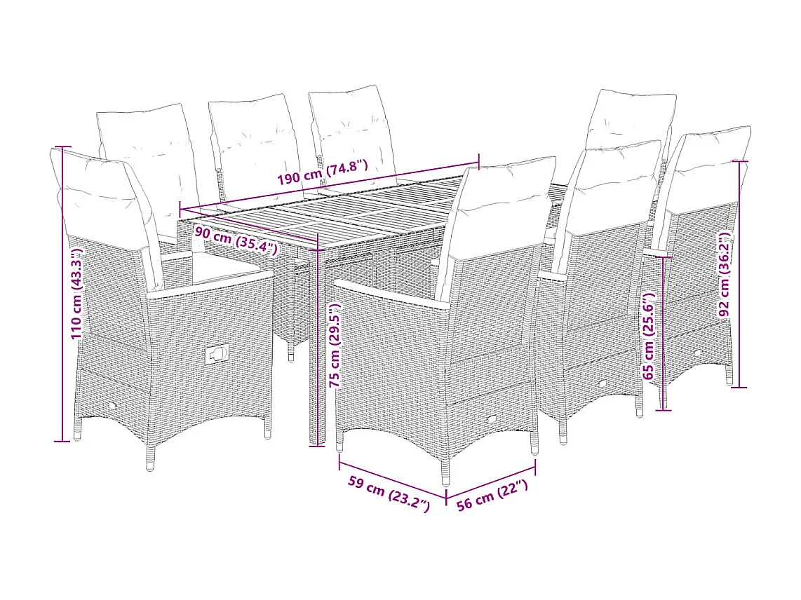 Lapinjärvi  Ensemble à manger de jardin 9pcs coussins noir résine tressée