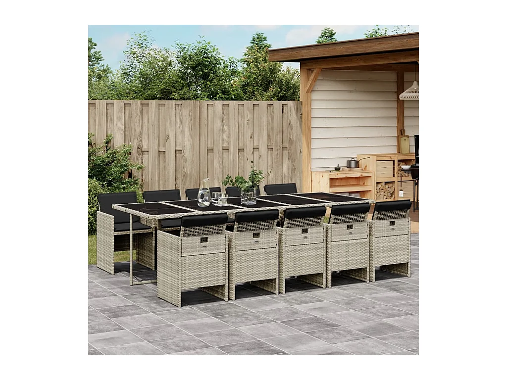Ljungby  Ensemble à manger de jardin 11pcs avec coussins gris poly rotin
