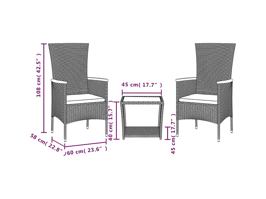 Philippe-Alexis  Ensemble à manger de jardin 3 pcs coussins gris résine tressée