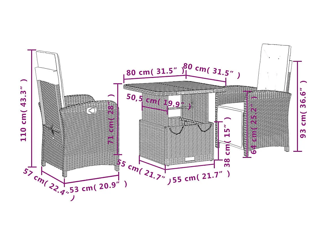 Onhaye  Ensemble à manger de jardin avec coussins 3 pcs Noir