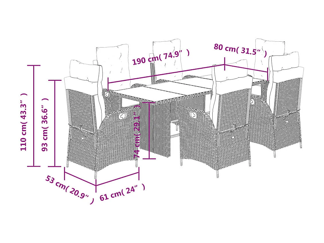 Emory  7-delige Tuinset met kussens poly rattan grijs