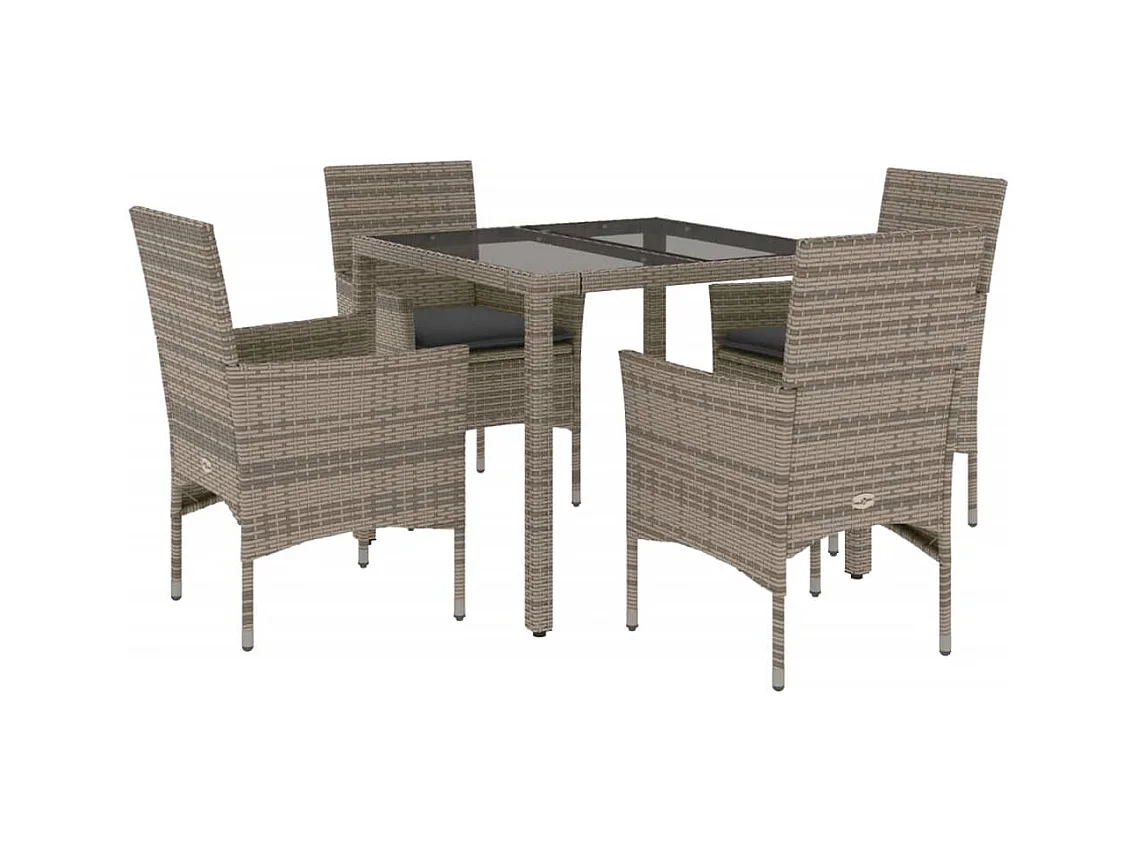 Stafford Springs  Set comedor jardín 5 pzas y cojines ratán sintético vidrio gris
