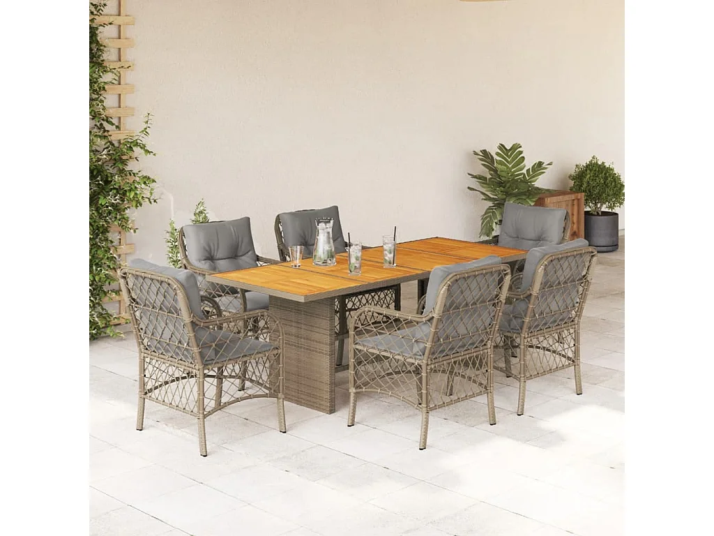 Fort Bragg  Set comedor de jardín 7 pzas con cojines ratán sintético beige