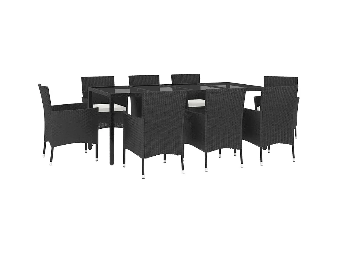 Vagnar  Set de comedor de jardín 9 pzas y cojines ratán sintético negro