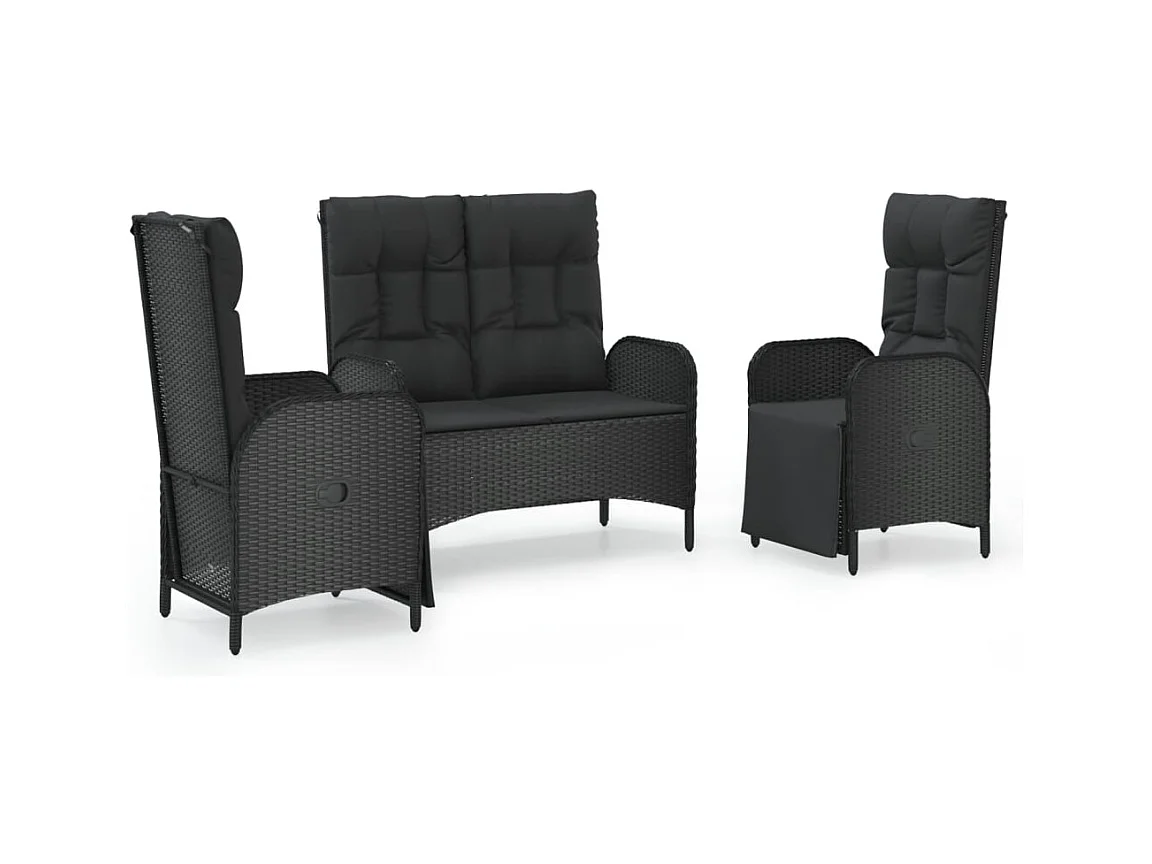 Holbaek  Set comedor de jardín 3 pzas con cojines ratán sintético negro
