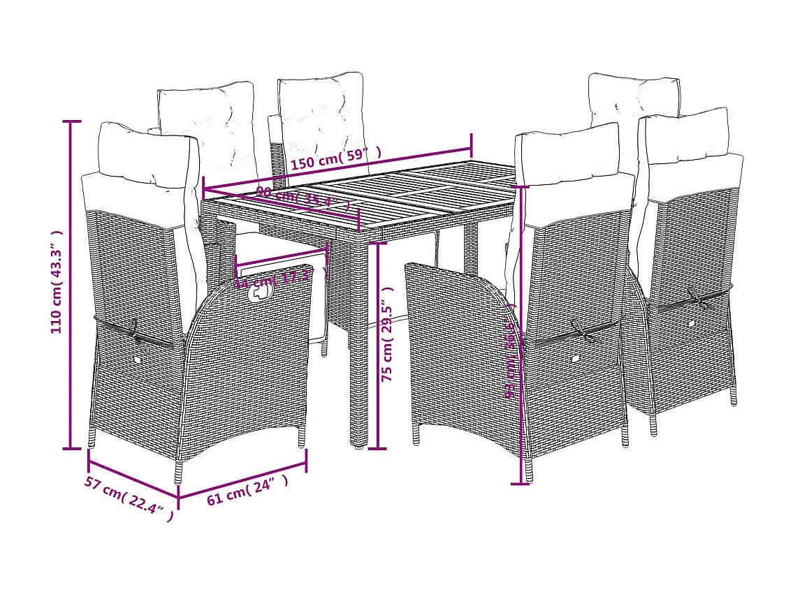 Elviraa  Ensemble à manger de jardin et coussins 7 pcs gris rotin