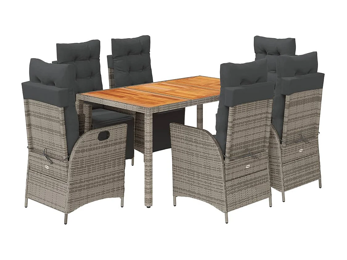 Elviraa  Set comedor jardín 7 pzas y cojines ratán sintético gris