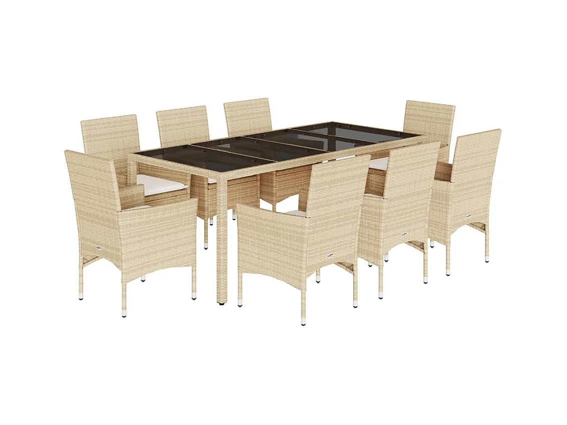 Stafford Springs  Ensemble à manger de jardin et coussins 9 pcs beige rotin verre