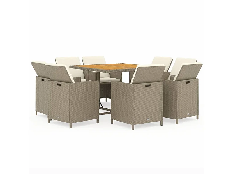 Hugo  Set comedor de jardín 9 pzas con cojines ratán sintético beige
