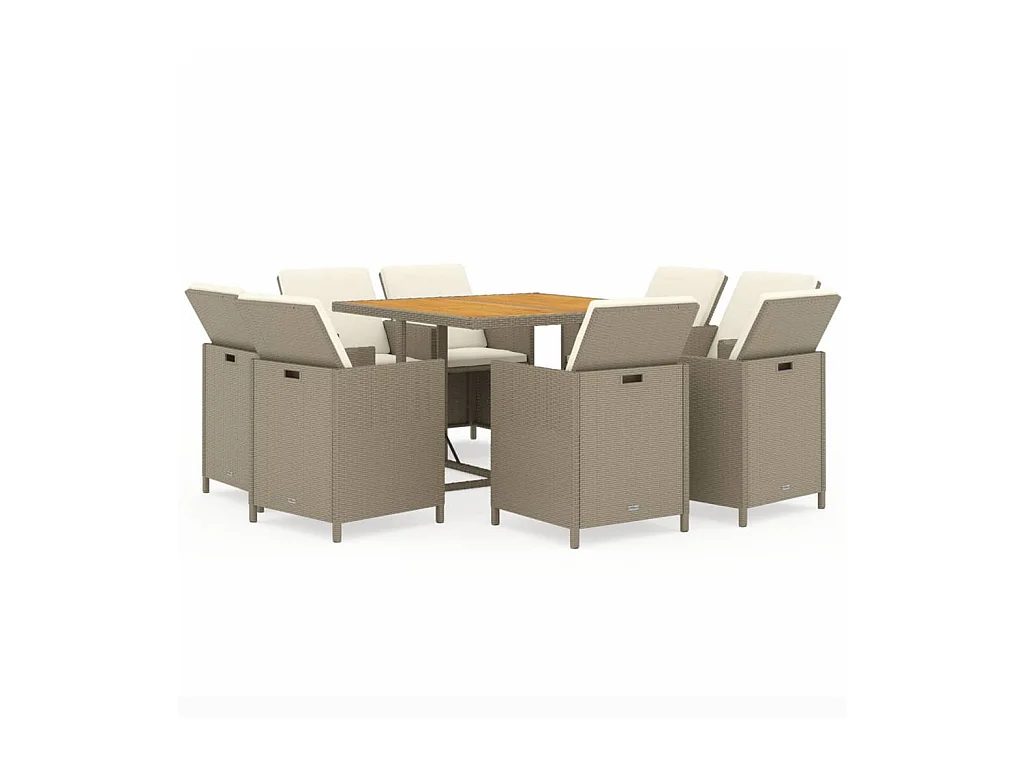 Hugo  Ensemble à manger de jardin et coussins 9 pcs Poly rotin Beige