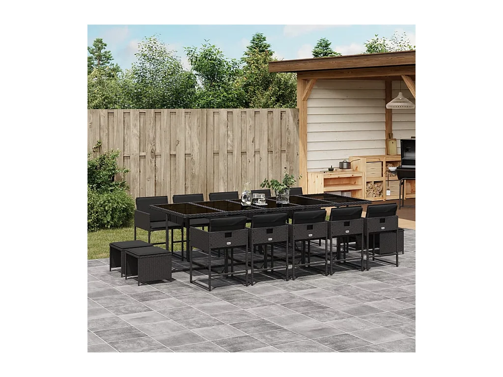 Kirkland  Set comedor de jardín con cojines 15 pzas ratán sintético negro