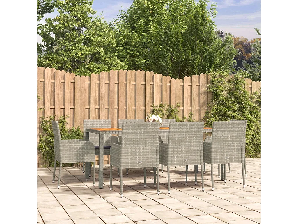 Tyron  Ensemble à manger de jardin 9 pcs coussins gris résine tressée