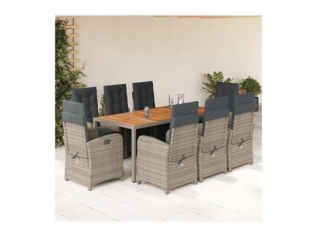 Fishers  Ensemble à manger de jardin 9 pcs coussins gris résine tressée