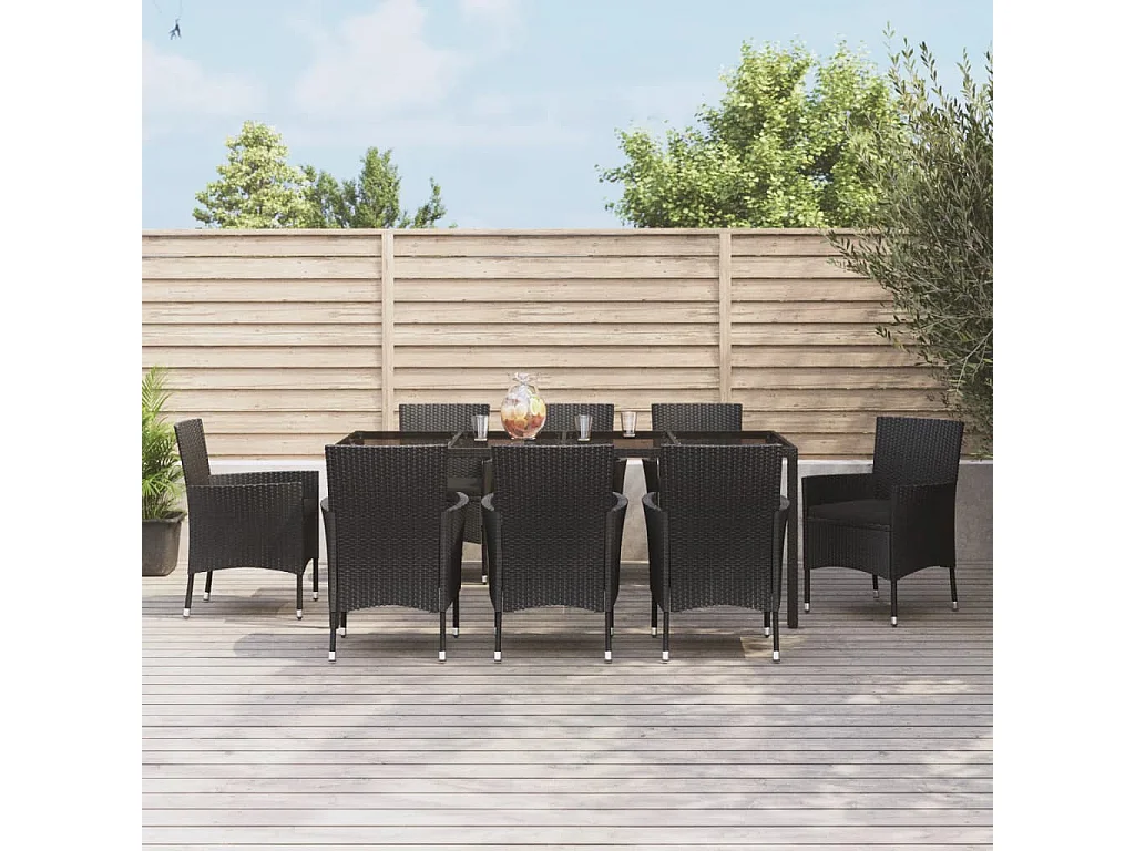 Niels-Jan  Ensemble à manger jardin 9pcs et coussins noir résine tressée