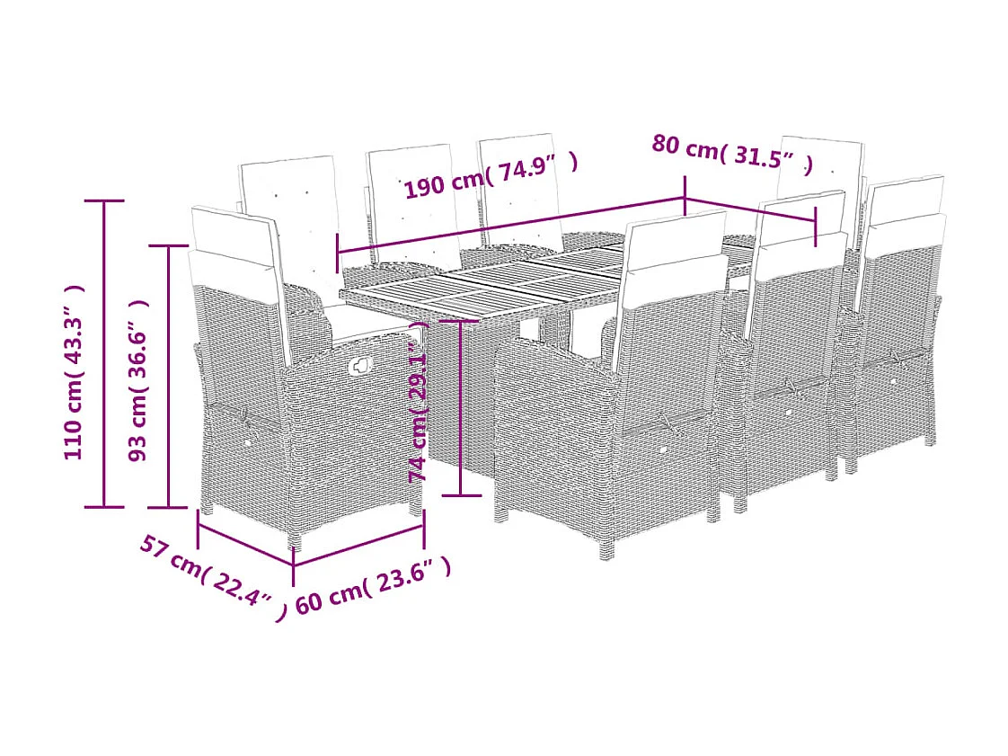 Thomian  9-delige Tuinset met kussens poly rattan grijs