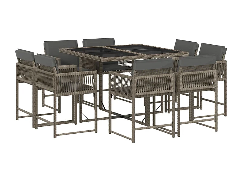 Emilia  Set comedor jardín 9 pzas y cojines ratán sintético gris