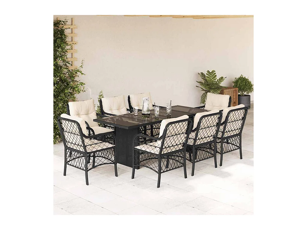 Fort Bragg  Ensemble à manger de jardin 9pcs coussins noir résine tressée