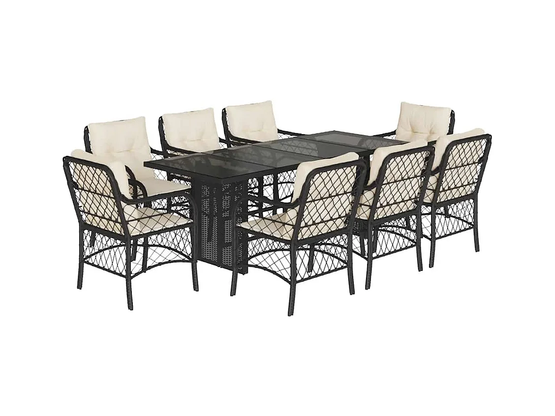 Fort Bragg  Set de comedor de jardín 9 pzas y cojines ratán sintético negro