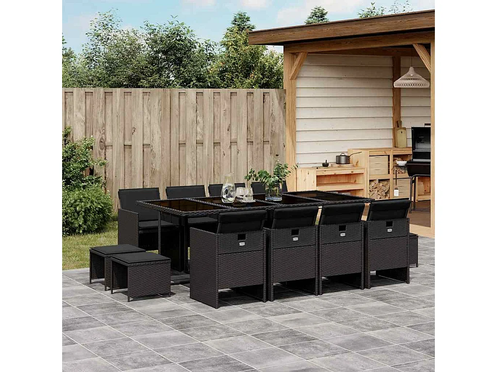 Steno  Ensemble à manger de jardin 13 pcs coussins noir résine tressée