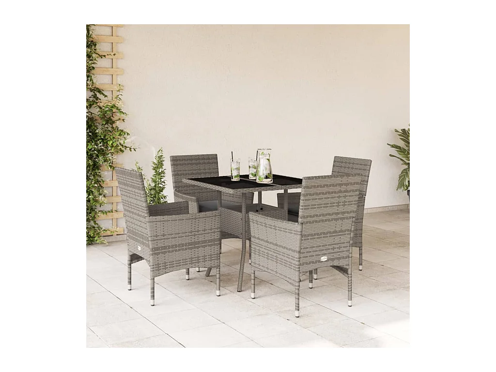 Yorba Linda  Ensemble à manger de jardin et coussins 5 pcs gris rotin verre