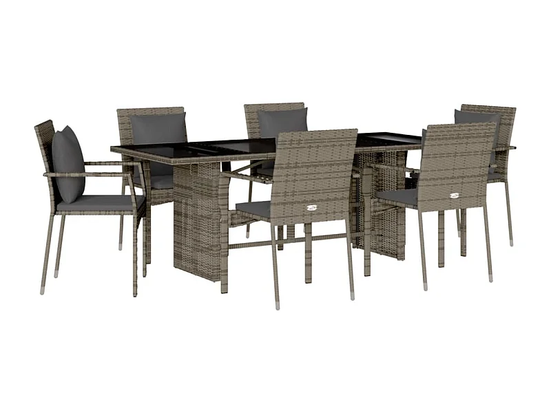 Tijn  Set comedor jardín 7 pzas y cojines ratán sintético gris