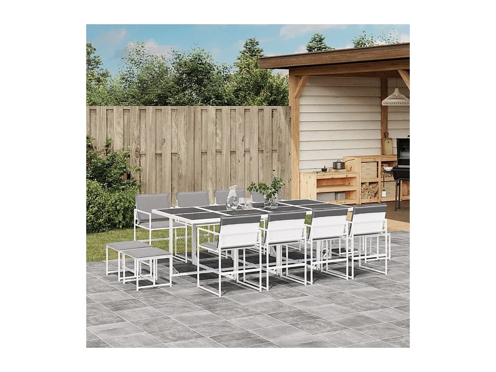 Blythe  Ensemble à manger de jardin avec coussins 13pcs blanc textilène