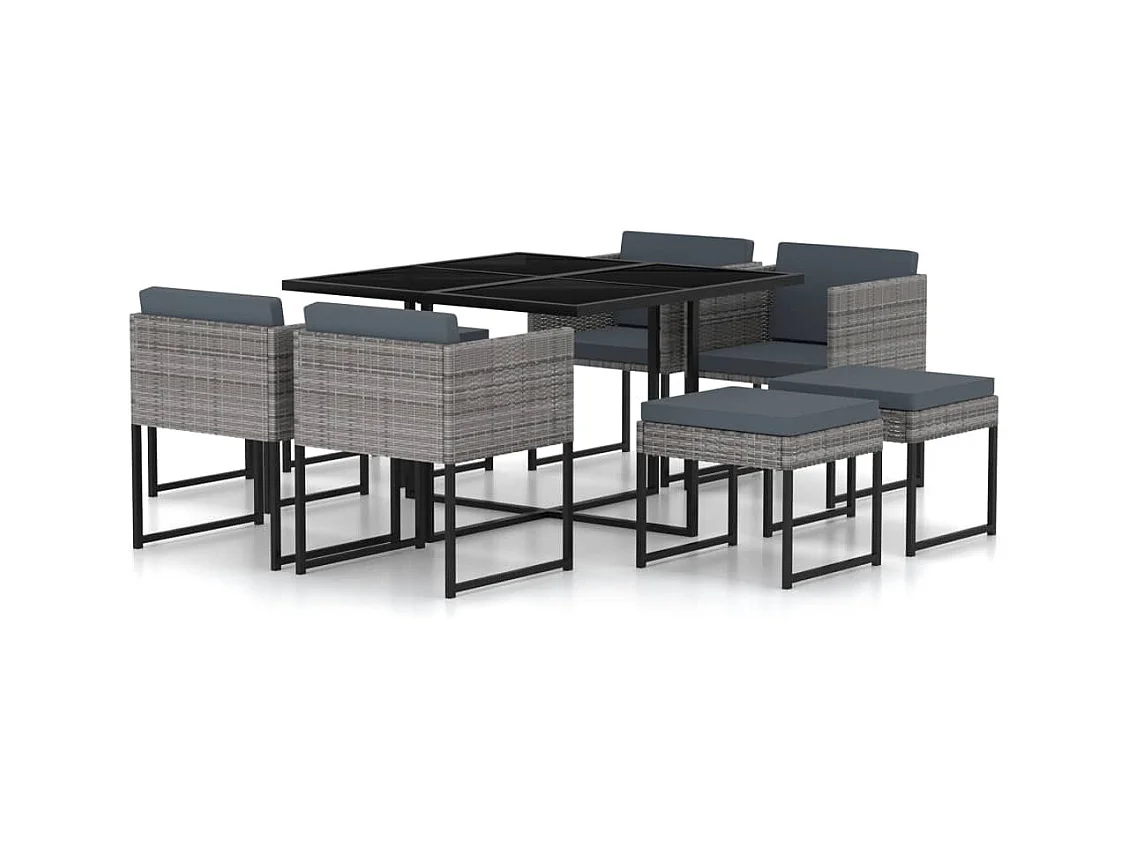 Wardo  9-delige Tuinset met kussens poly rattan grijs