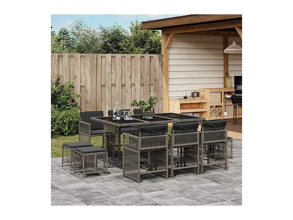 Laura Lucía  Set de comedor de jardín 11 pzas y cojines ratán sintético gris