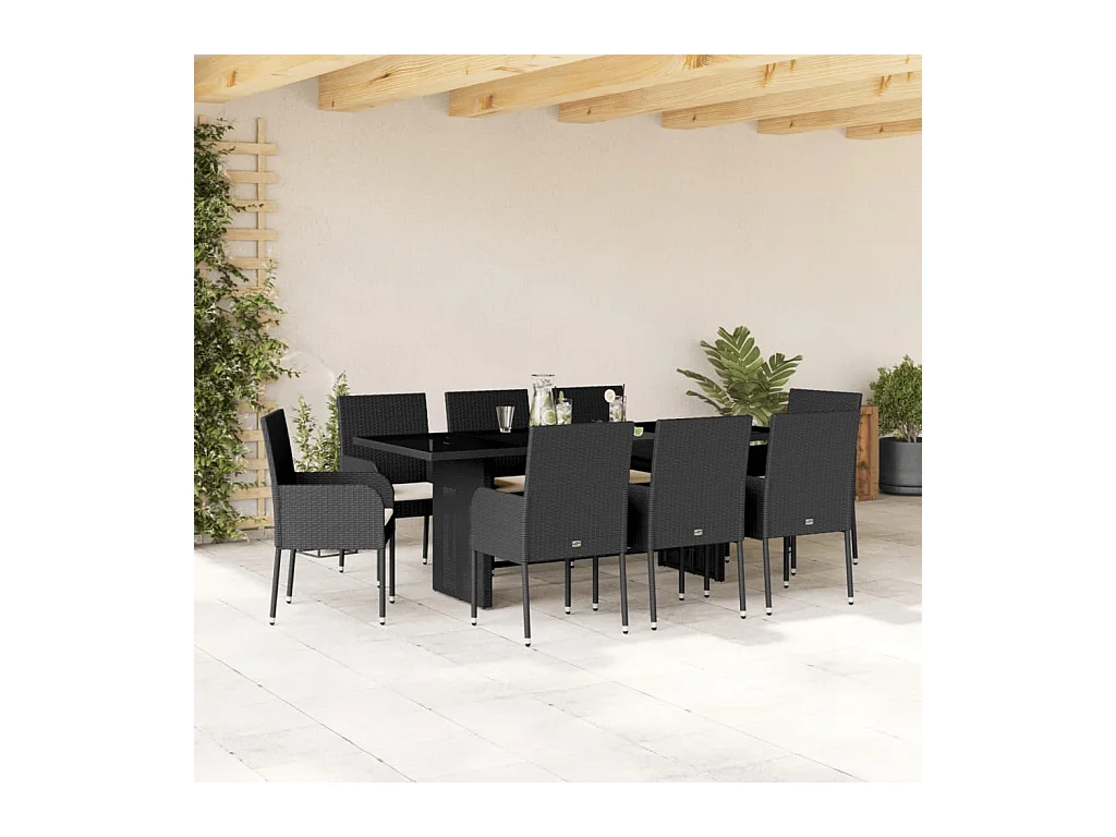 Ymir  Ensemble à manger de jardin 9pcs coussins noir résine tressée