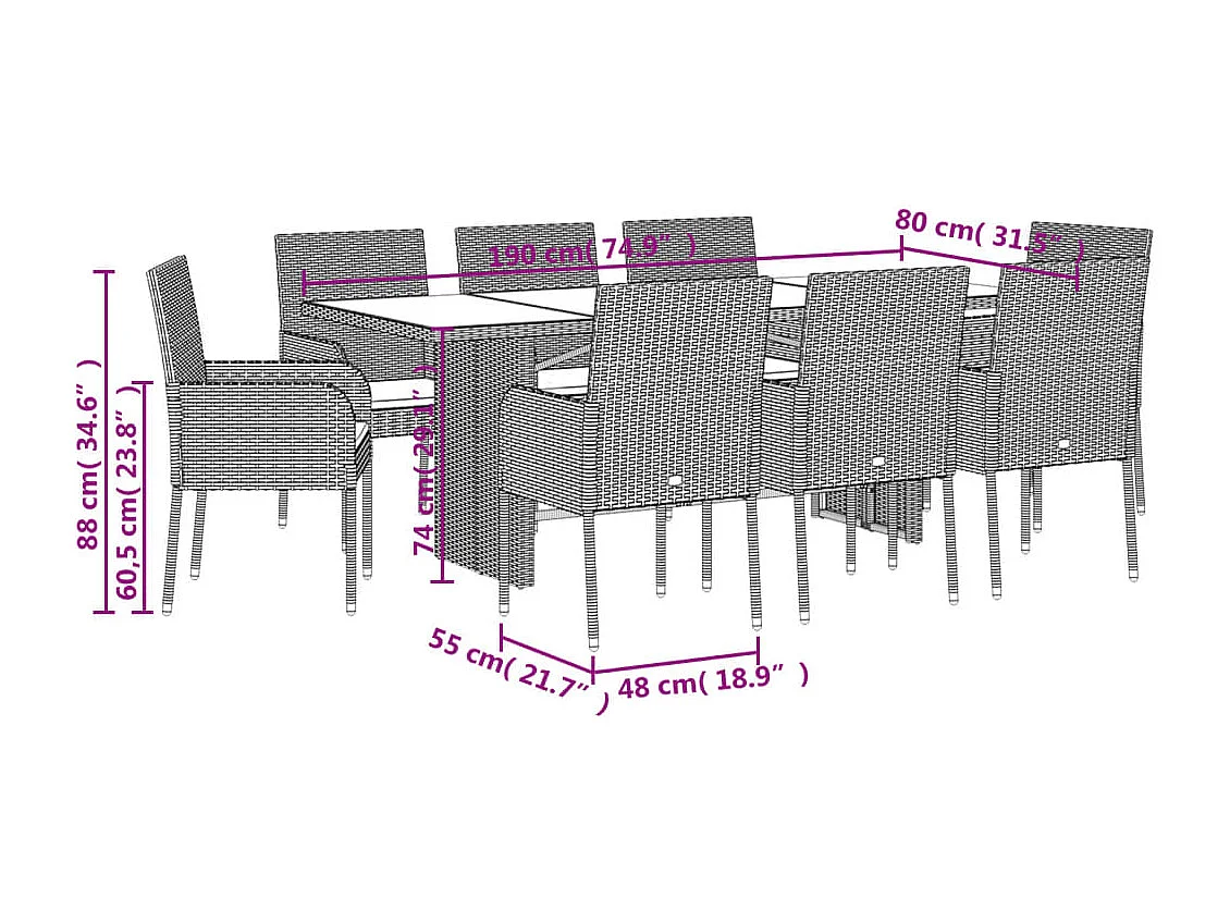 Ymir  Ensemble à manger de jardin 9pcs coussins noir résine tressée