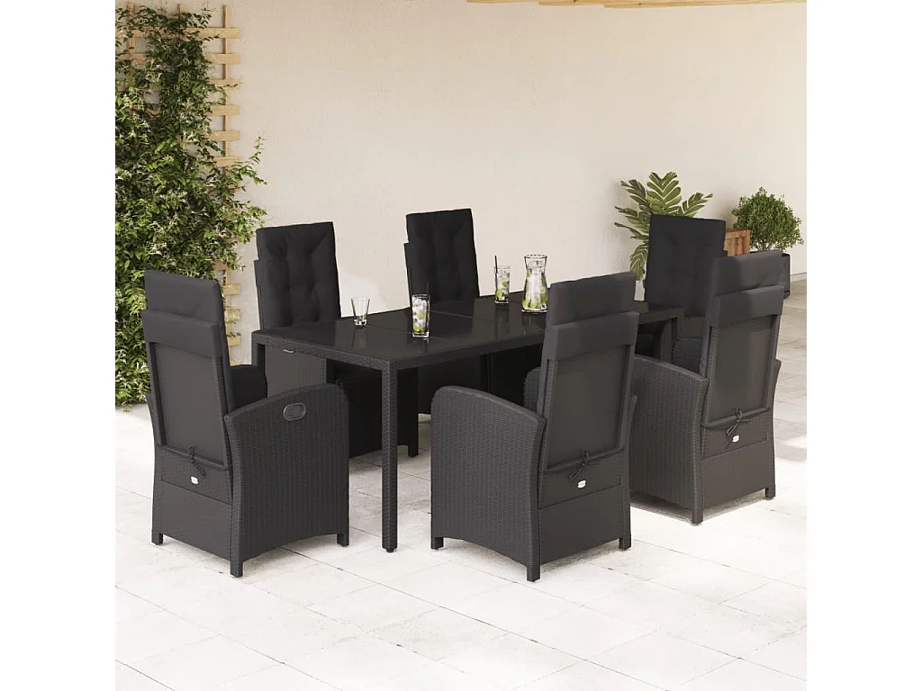 Hillside  Set de comedor de jardín 7 pzas y cojines ratán sintético negro