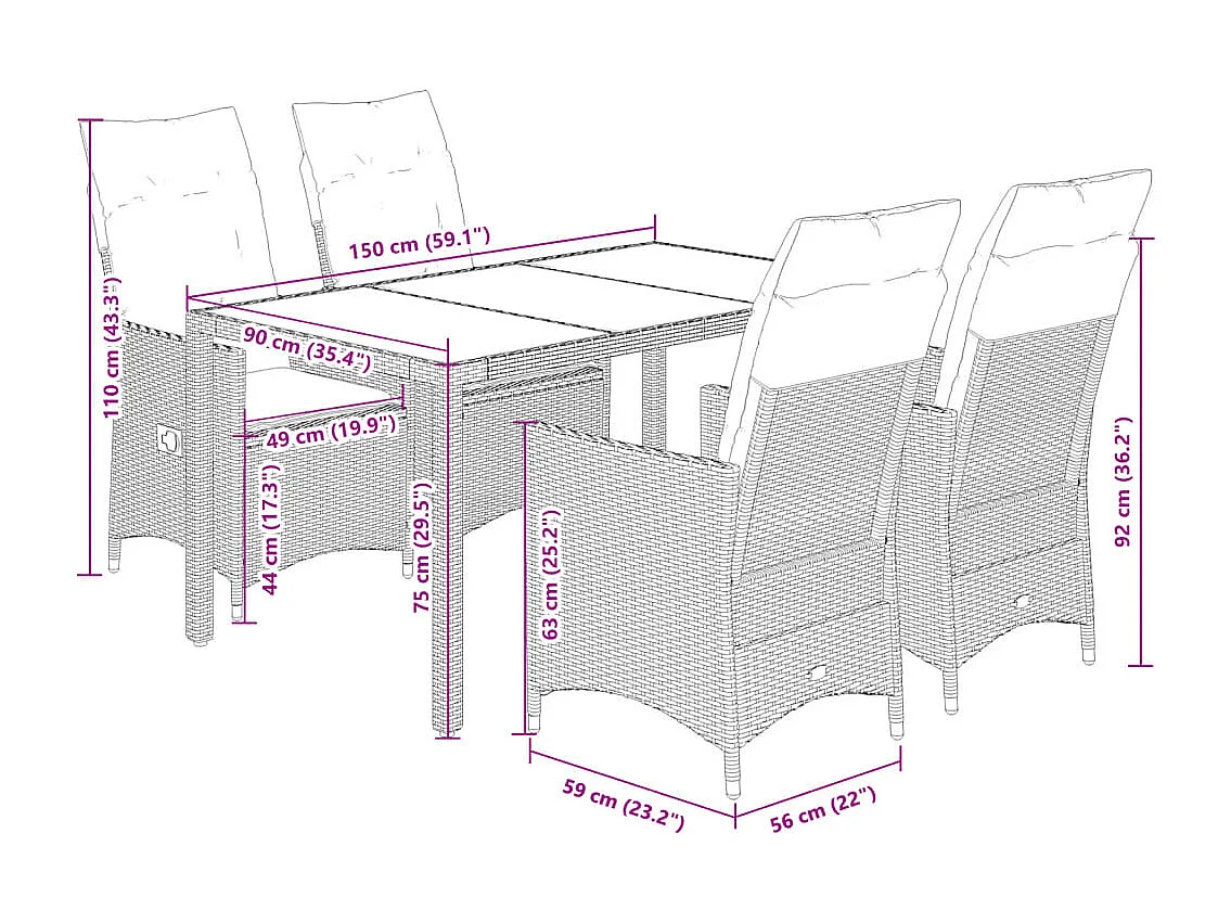 Alden  5-delige Tuinset met kussens poly rattan bruin