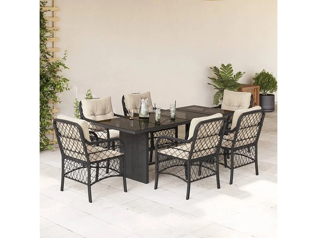 Fort Bragg  Ensemble à manger de jardin coussins 7pcs Noir Résine tressée