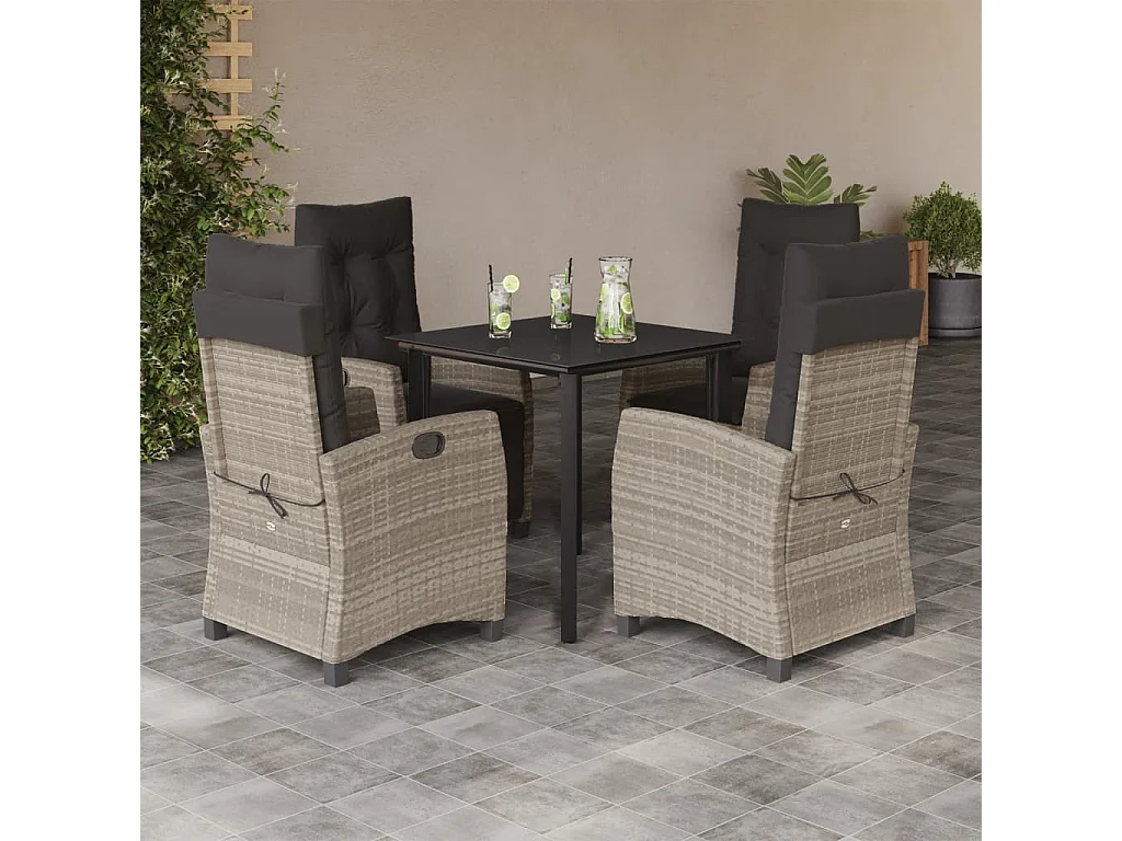 Skorla  Ensemble à manger de jardin et coussins 5 pcs gris clair rotin