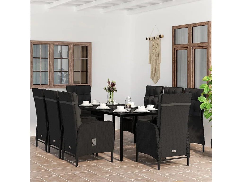 Eliseo  Juego de comedor de jardín 9 piezas con cojines negro