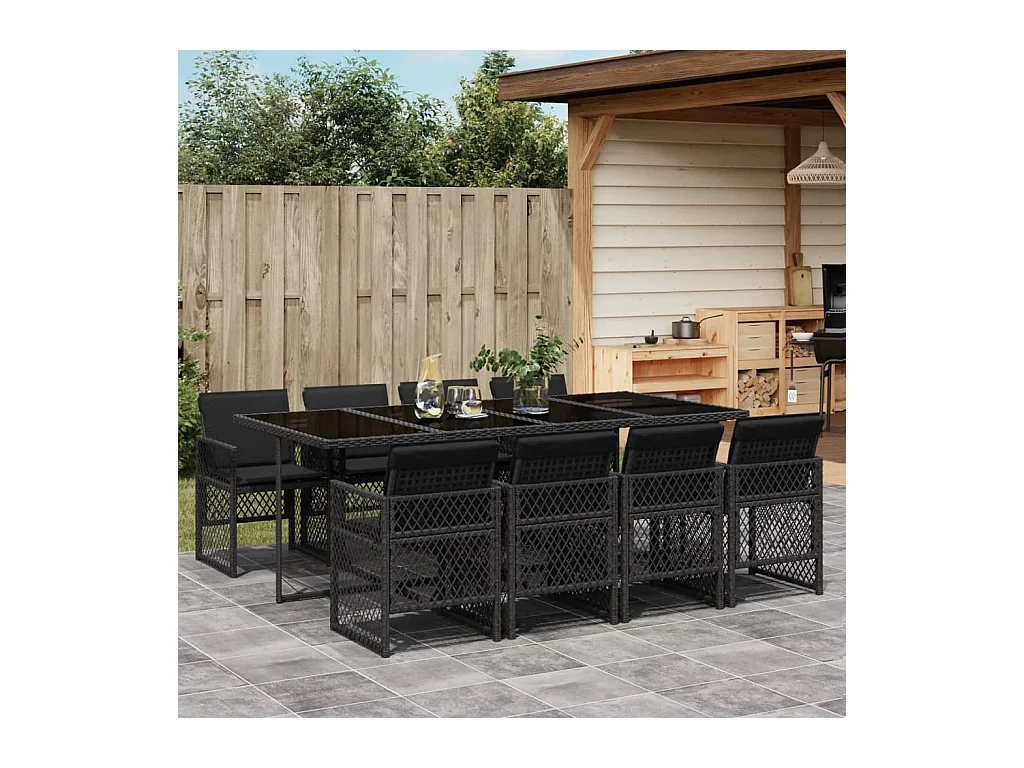 Connersville  Ensemble à manger de jardin 9pcs coussins noir résine tressée