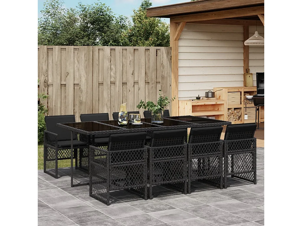 Connersville  Set de comedor de jardín 9 pzas y cojines ratán sintético negro