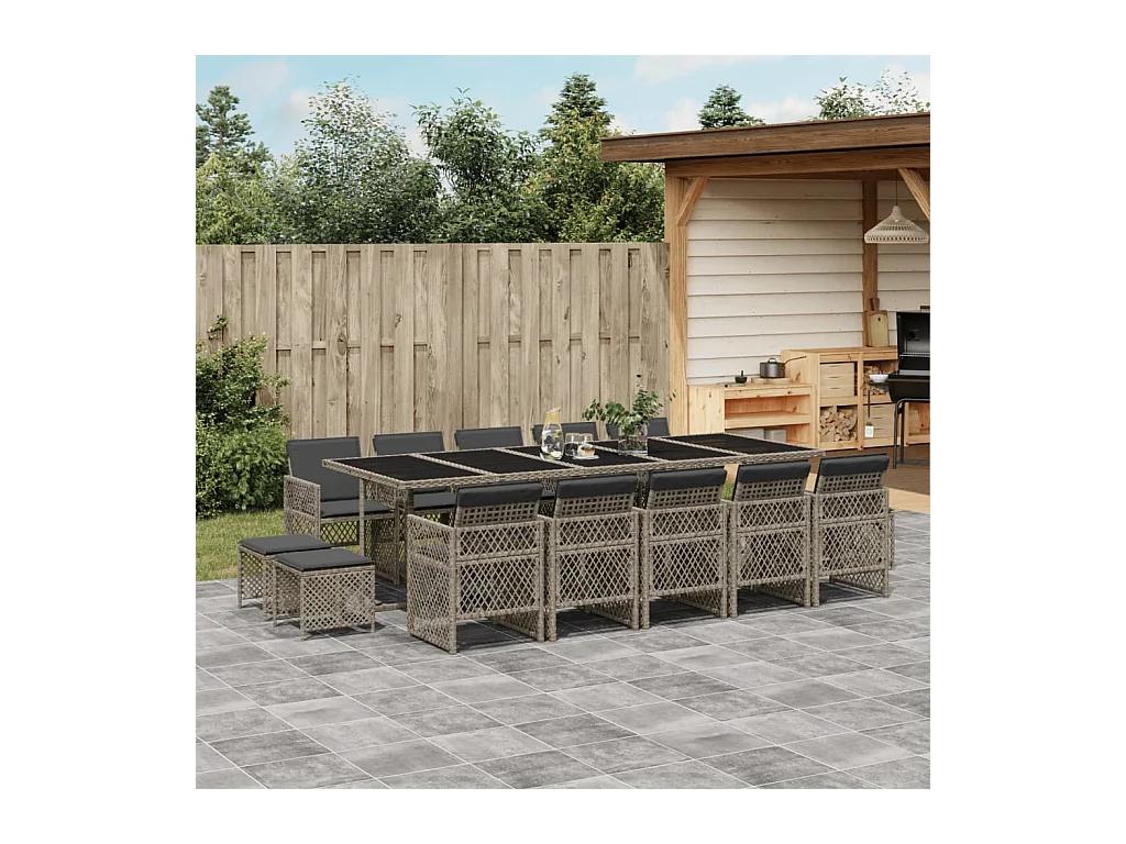 Lubbeek  Ensemble à manger de jardin 15 pcs coussins gris résine tressée