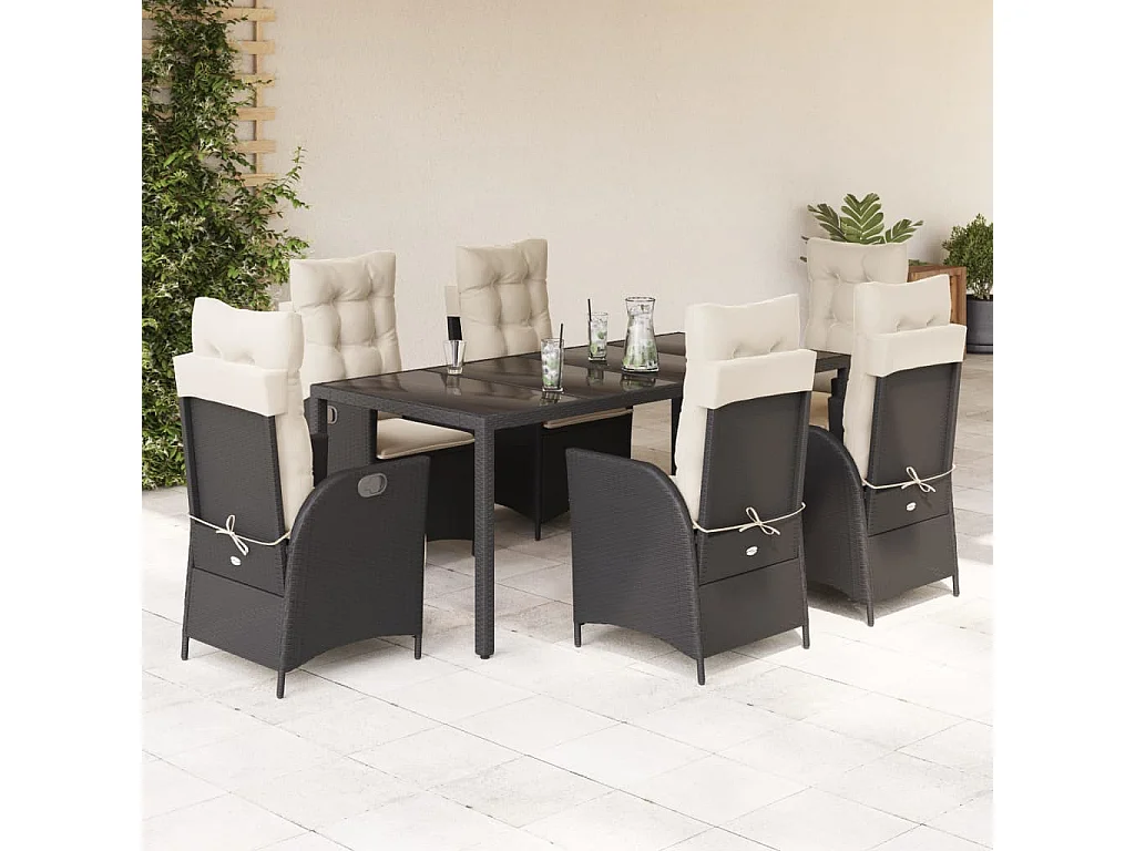 Chattanooga  Set de comedor de jardín 7 pzas y cojines ratán sintético negro