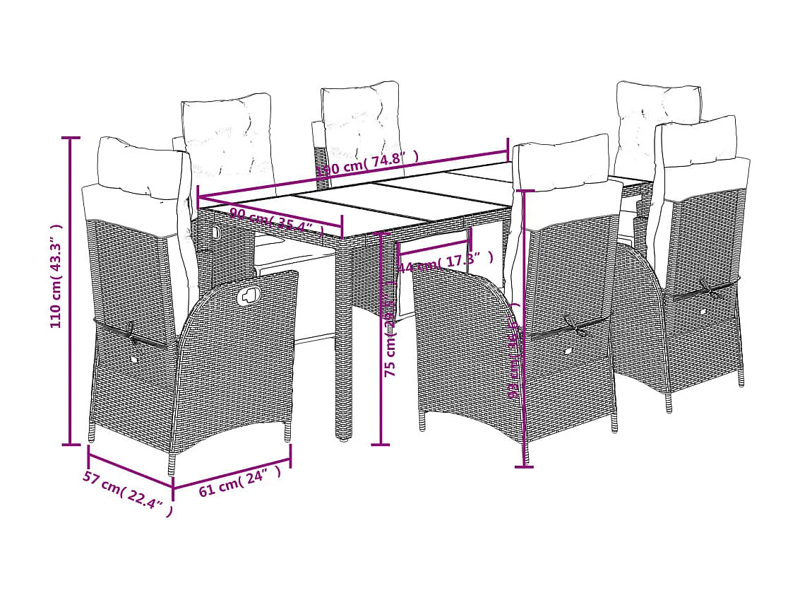 Chattanooga  Set de comedor de jardín 7 pzas y cojines ratán sintético negro