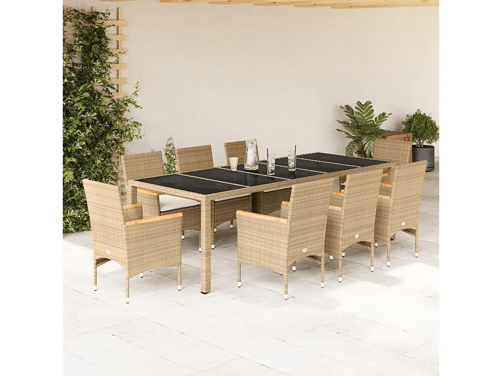 Gaston  Ensemble à manger de jardin et coussins 9 pcs beige rotin verre