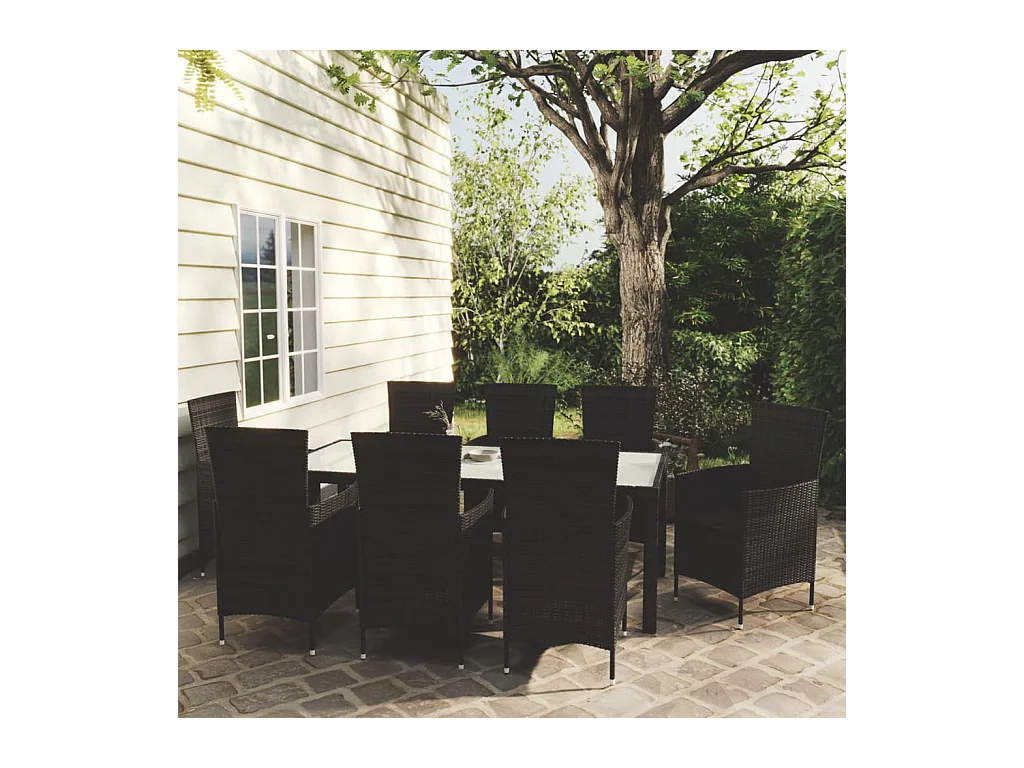 Ewald  Ensemble à manger d'extérieur 9pcs coussins résine tressée noir