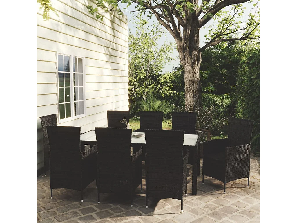 Ewald  Ensemble à manger d'extérieur 9pcs coussins résine tressée noir