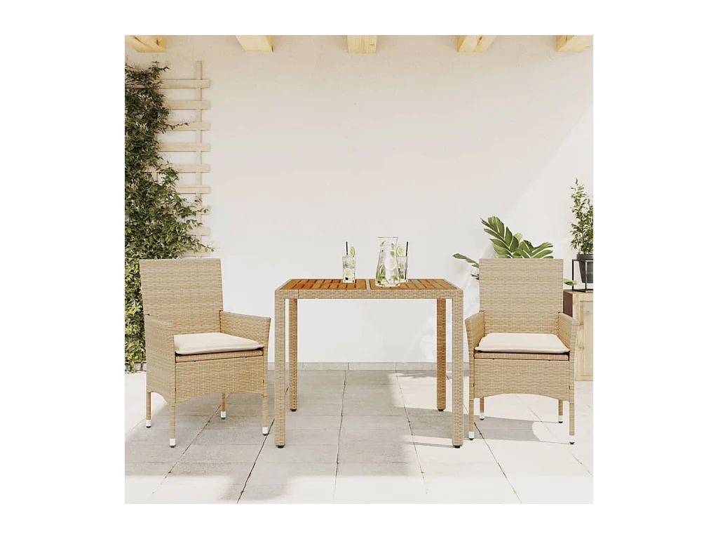 Les Mureaux  3-delige Tuinset met kussens poly rattan en acaciahout beige