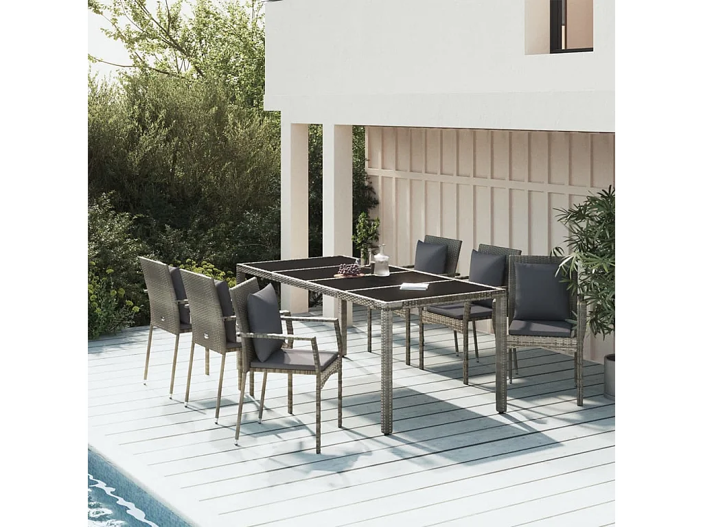 Pyhäntä  Ensemble à manger jardin et coussins 7 pcs gris rotin