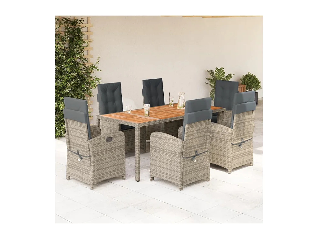 Adrien-Paul  Ensemble à manger de jardin et coussins 7 pcs gris rotin