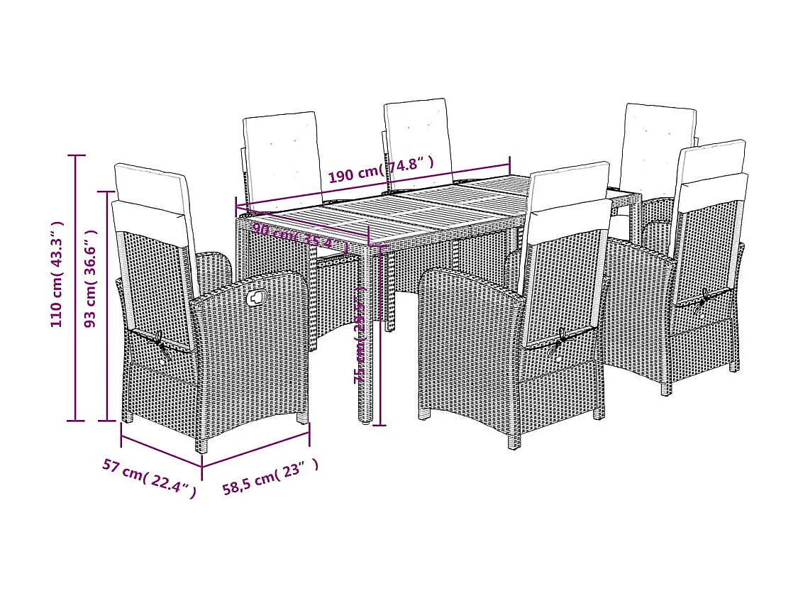 Adrien-Paul  Ensemble à manger de jardin et coussins 7 pcs gris rotin