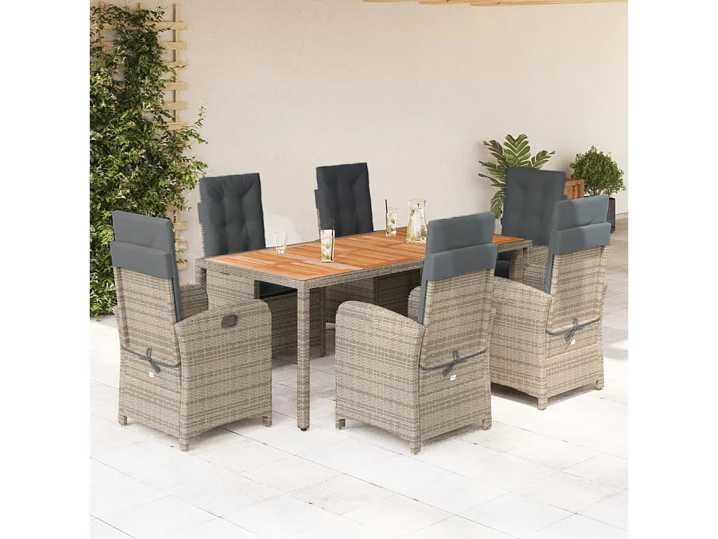 Adrien-Paul  Ensemble à manger de jardin et coussins 7 pcs gris rotin