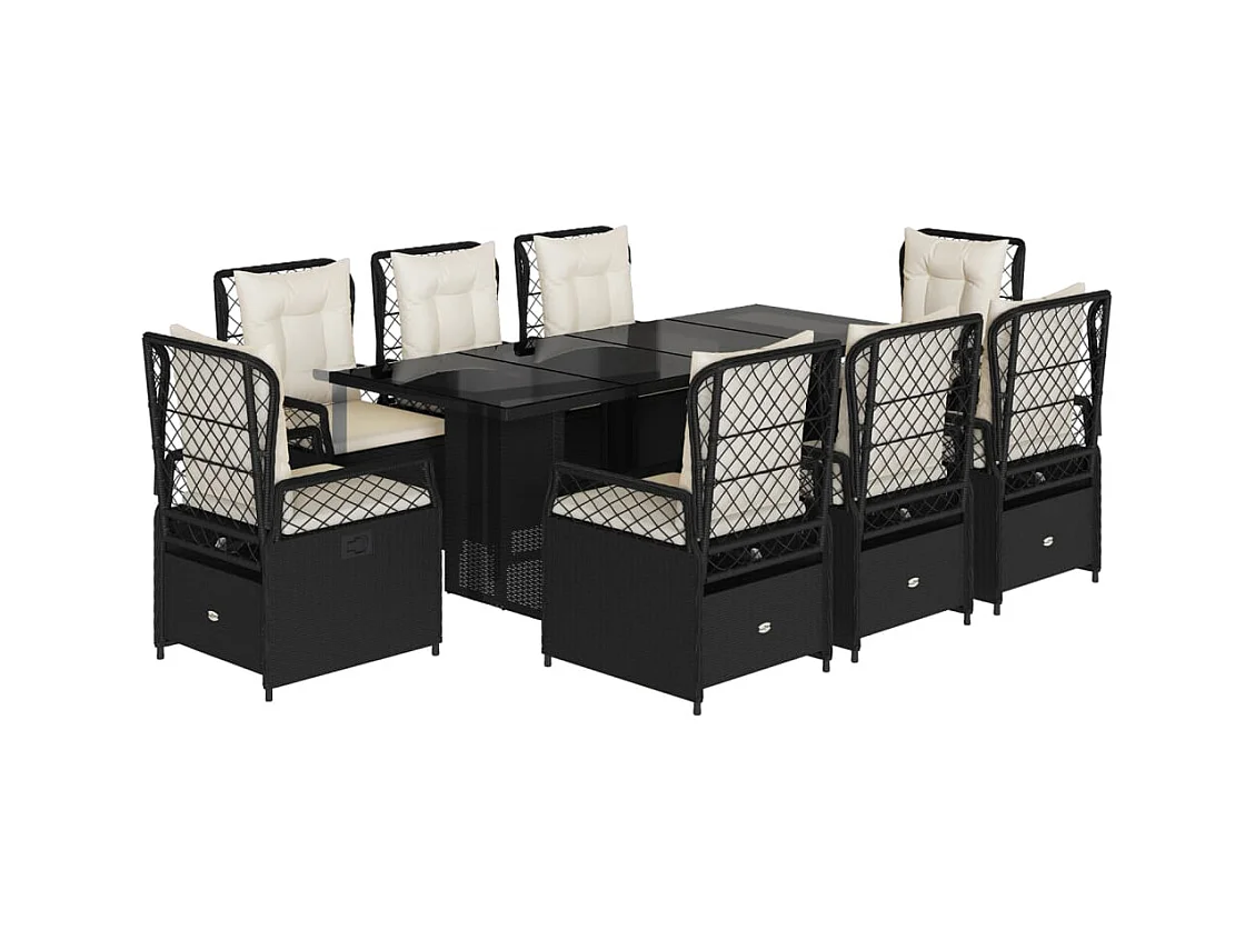 Veteli  Set de comedor de jardín 9 pzas y cojines ratán sintético negro
