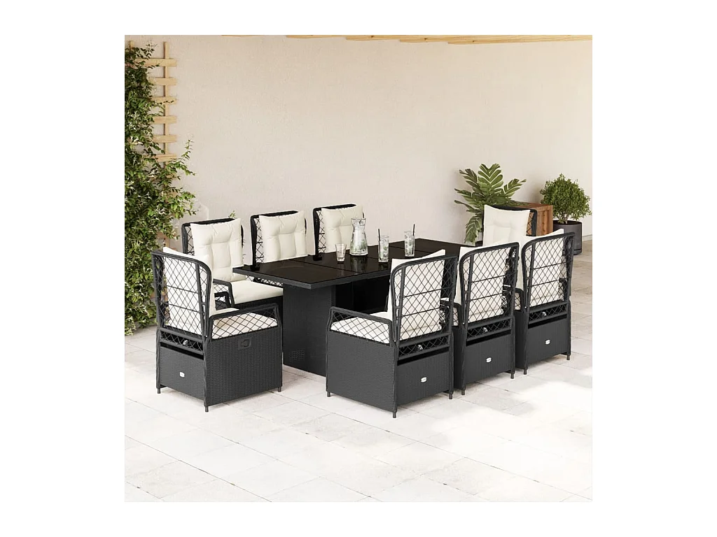 Veteli  Set de comedor de jardín 9 pzas y cojines ratán sintético negro